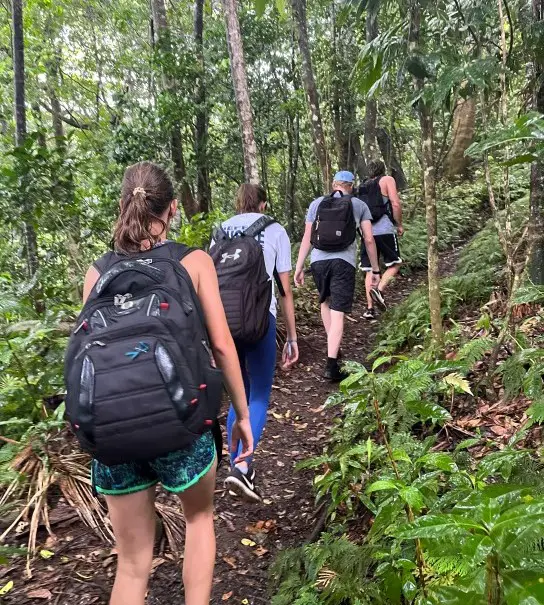 several hikers with backpacks on while they hike up path for St Kitts volcano tour