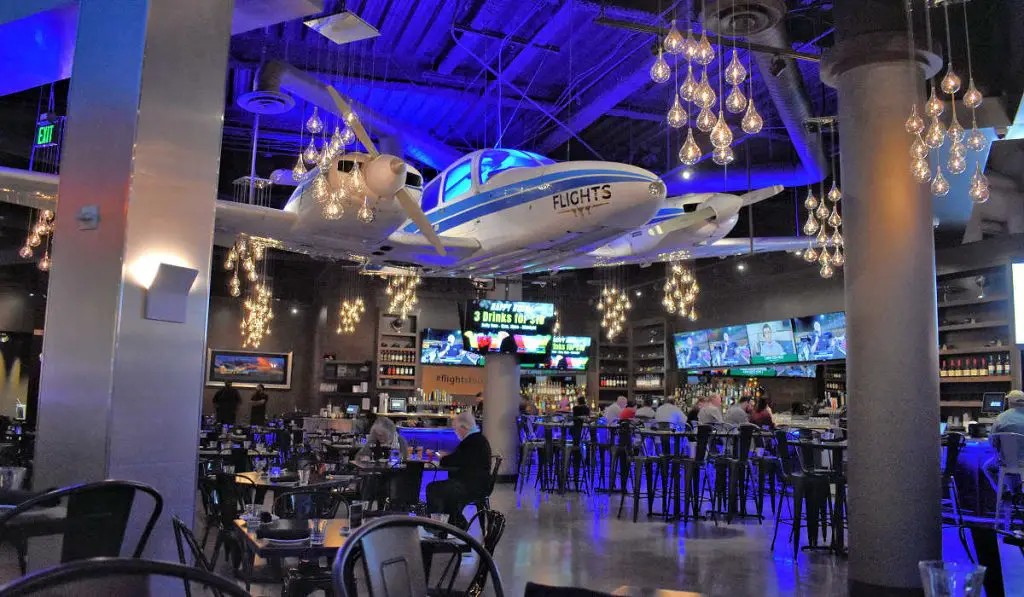 airlplane on the ceiling of a themed restaurant in Las Vegas - Flights