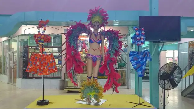 lady wearing an elaborate costume of feathers of different colors in the Shopping mall in Port of Spain