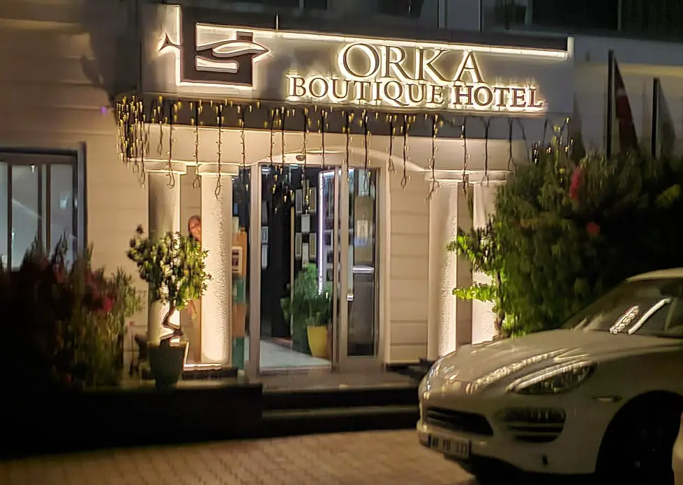 lit up front entrance for a hotel in Fethiye Turkey