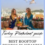 two ladies on colorful carpets in front of a city view on the rooftop for a Rooftop photoshoot in Istanbul