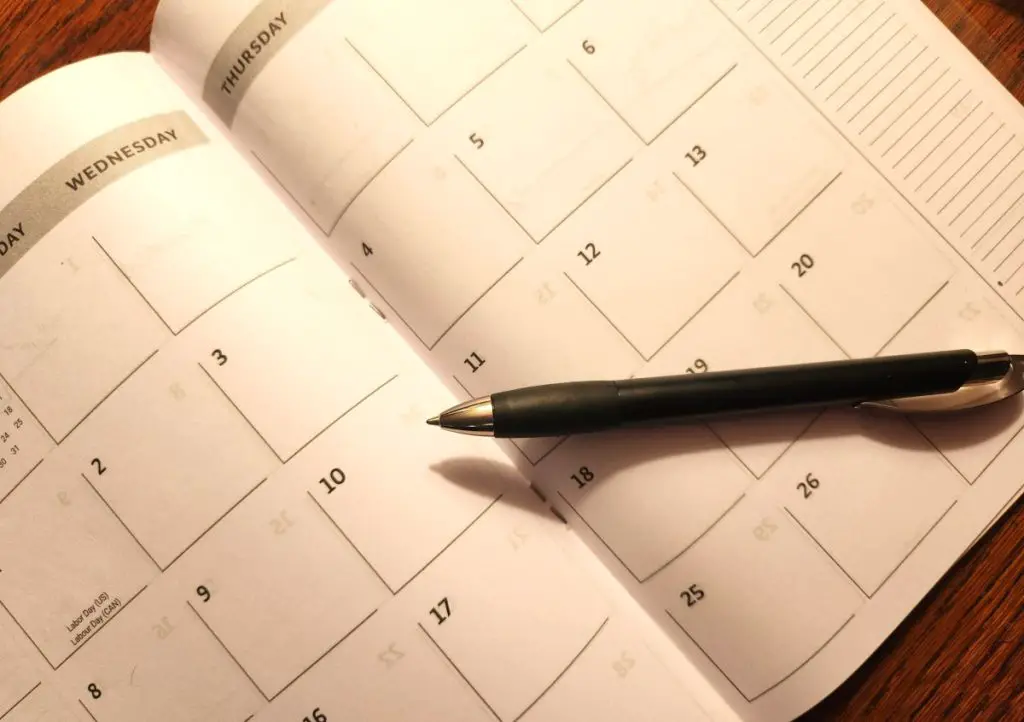 pen laying on an open monthly calendar