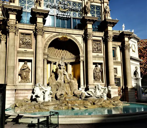 Roman fountain with sculptures outside the casino in Las Vegas