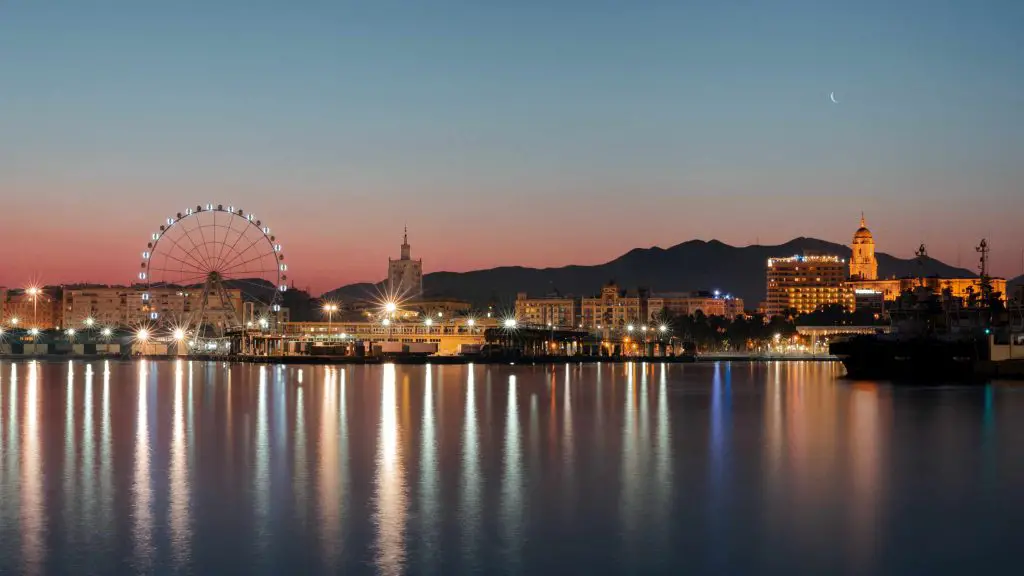 Beautiful Night Scenery View of Port of Malaga Spain