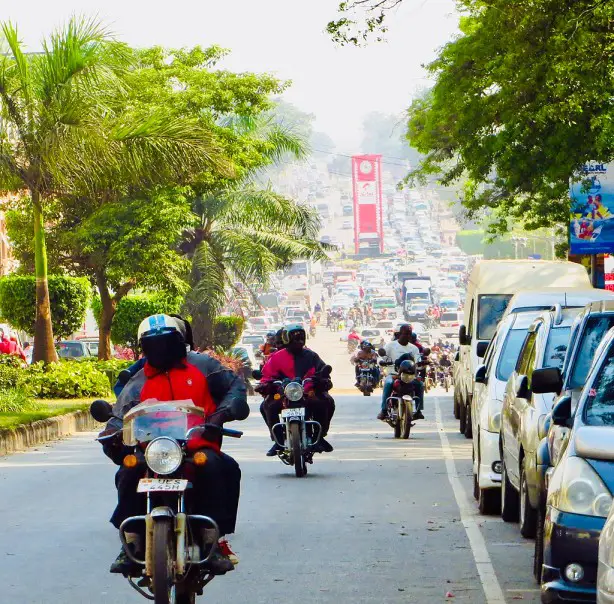 motorbikes in the heavy traffic in kampala city