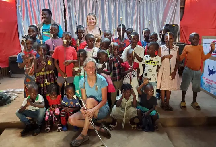 kids with batons at a twirling class at an orphanage in Kampala Uganda