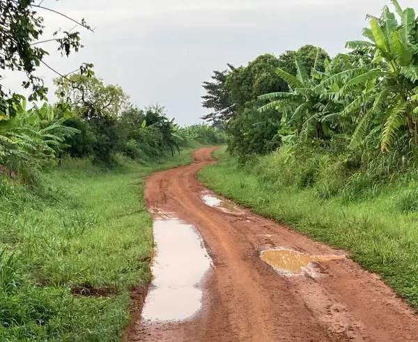 potholes filled with muddy water showing Road conditions during a trip to Uganda