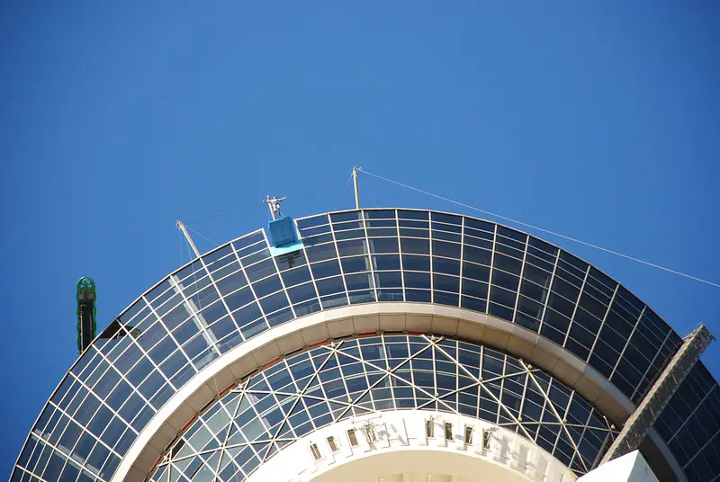 person standing on the end of a platform very high in the air before they Sky jump from the Stratosphere - an adventurous activity in Las Vegas
