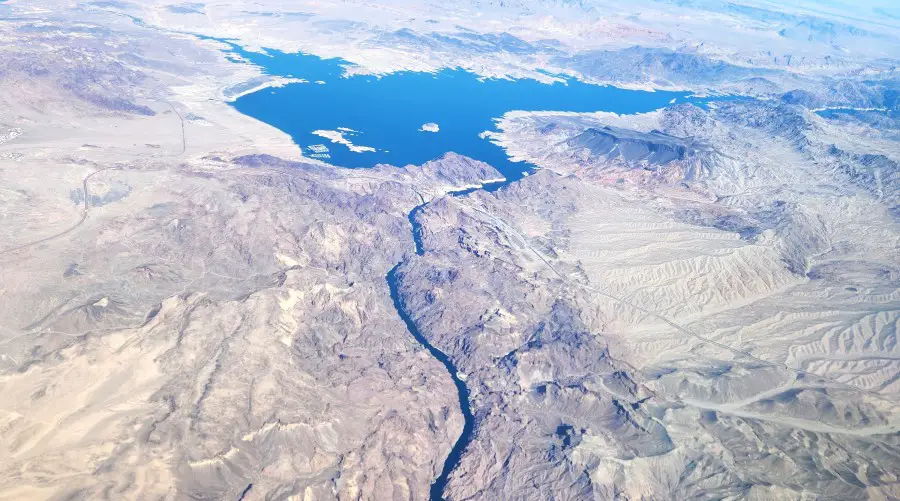 view of desert and lake scenery from high in the sky in Las Vegas