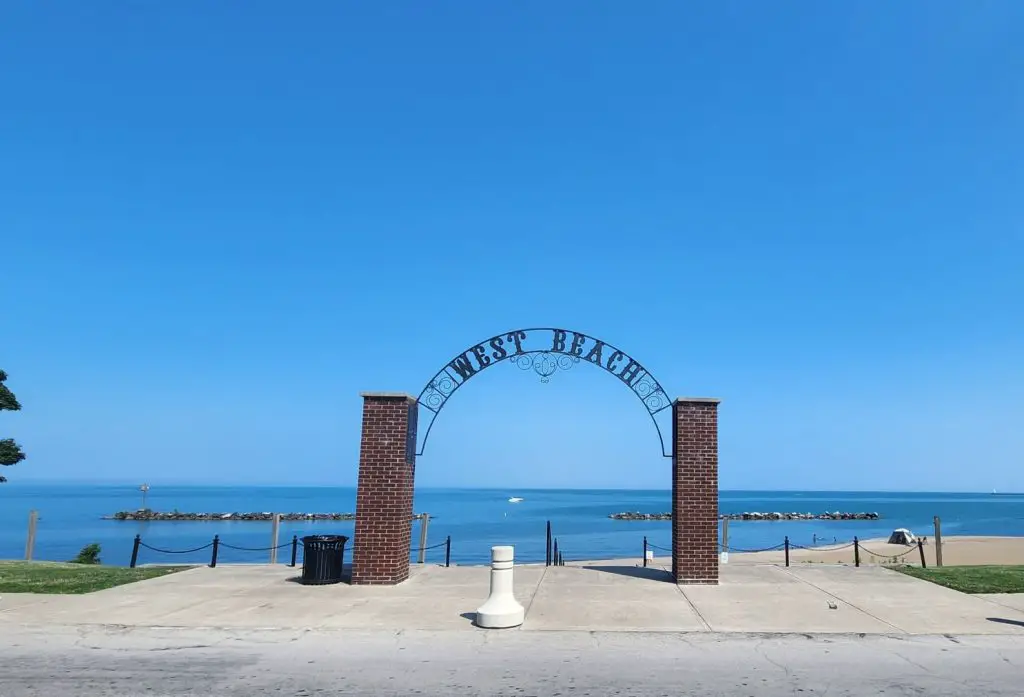 WEST BEACH sign on brick pillars on the beach in Ohio