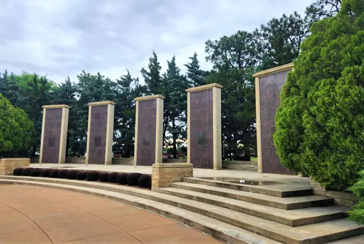 5 Pylons at Eisenhower Museum inscribed with quotes and facts from Eisenhowers life