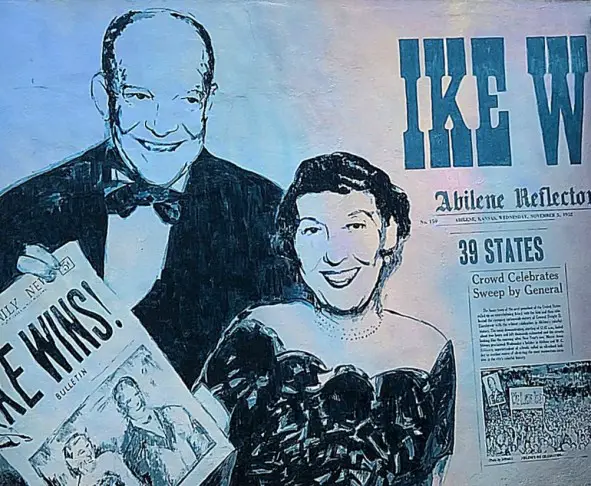 ike and his wife painted in a blue hue on a wall in abilene kansas