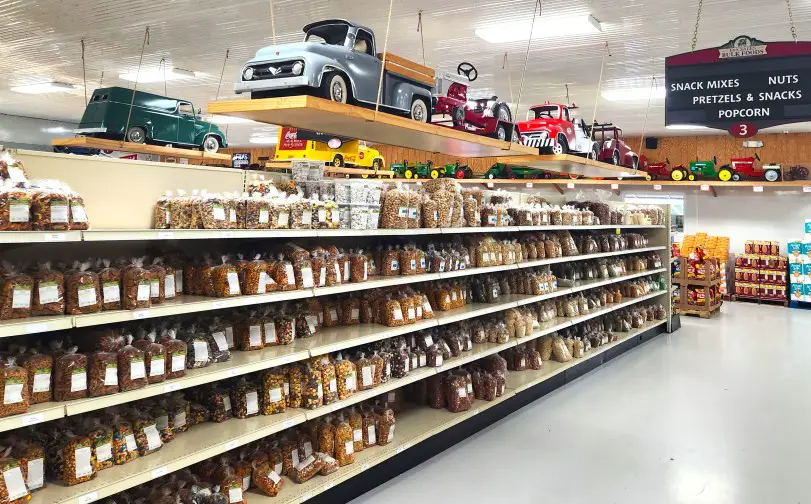 large selection of nuts on many shelves at the bulk food store in Shipshewana