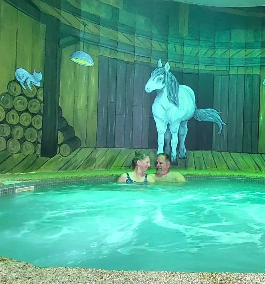 couple in a hot tub smiling at each other with a horse drawn as a mural on the wall behind them