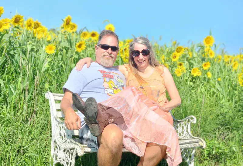 couple sitting on a bench in front of a yellow sunflower field of flowers in Shipshewana