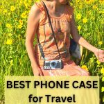 Lady wearing a camera shaped phone case in a field of sunflowers