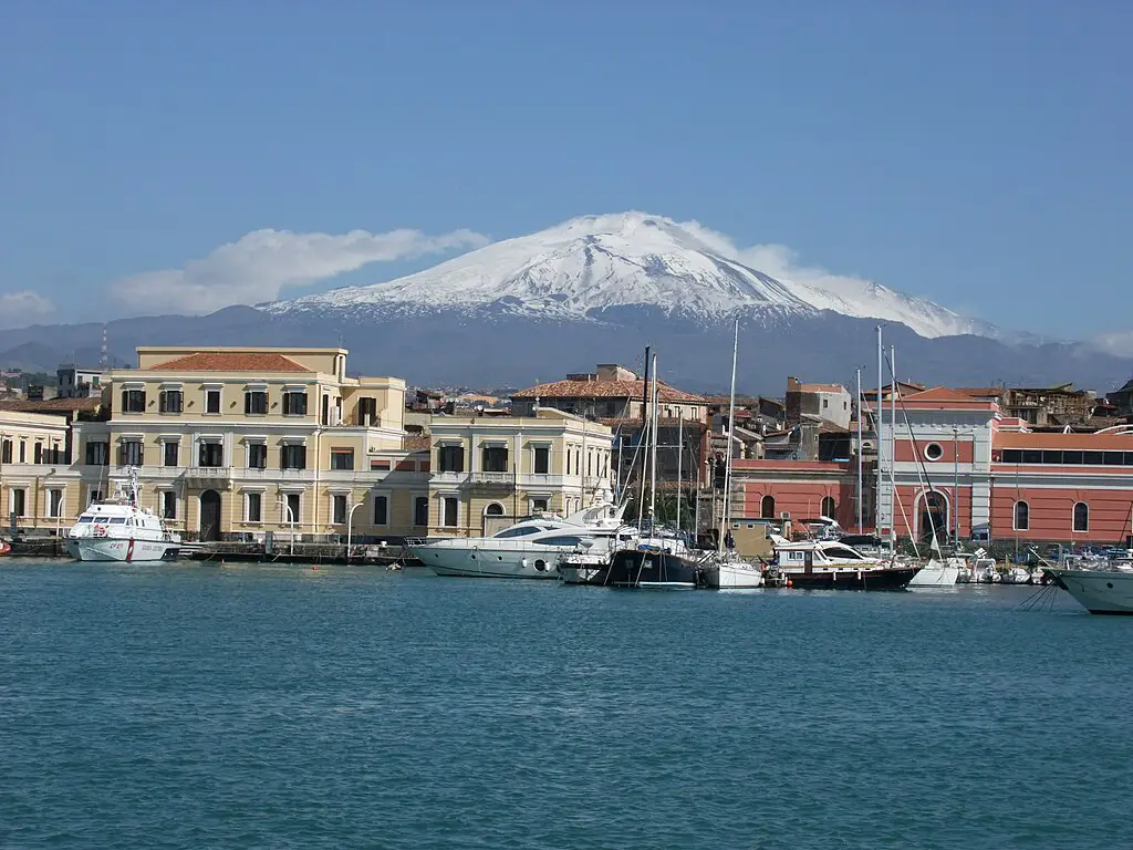 water in front of an old city with a snow covered mountain i the background