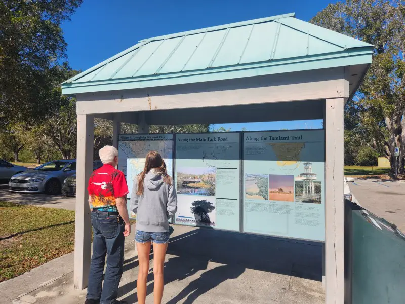 2 people standing in front of an informational sign at the Welcome Center at Everglades National Park