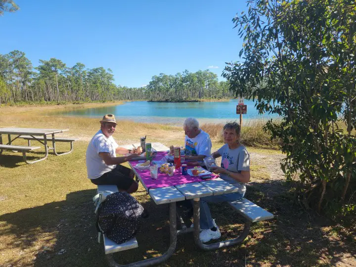 family eating at a picnic table in fron of some water and grass