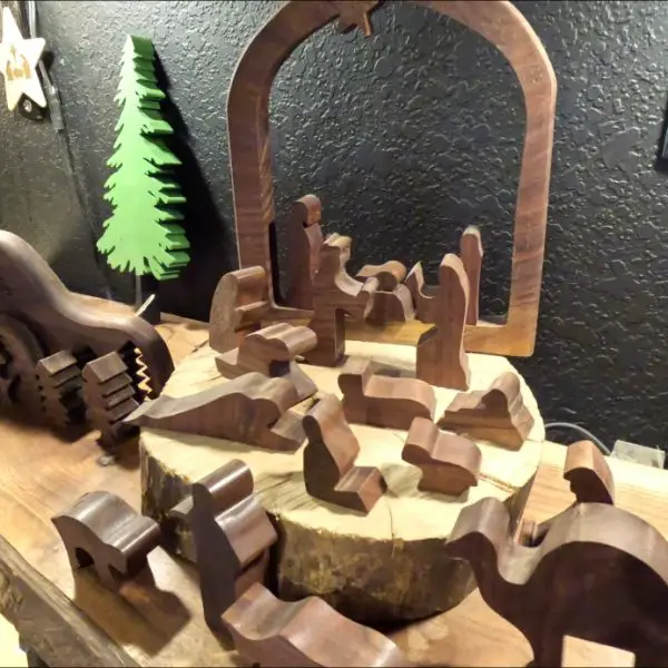 Wooden nativity scene set up on display at Teaberry in Amish country in Indiana