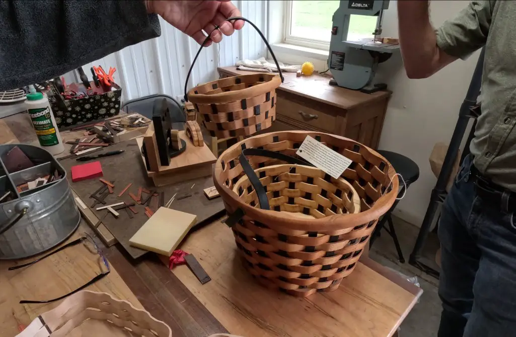 holding a hand-made basket at an amish store in Indiana near Shipshewana