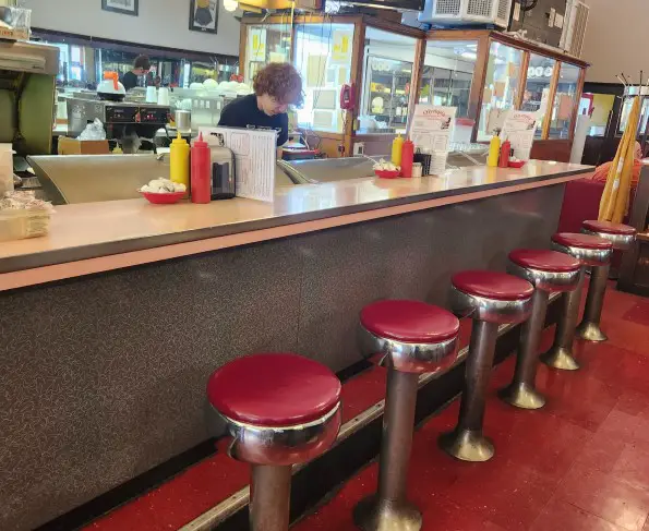 old fashion round stools in front of a soda fountain counter in Goshen Indiana
