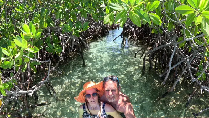 man and woman smiling up at camera from water surrounded by mangrove trees in Puerto Rico