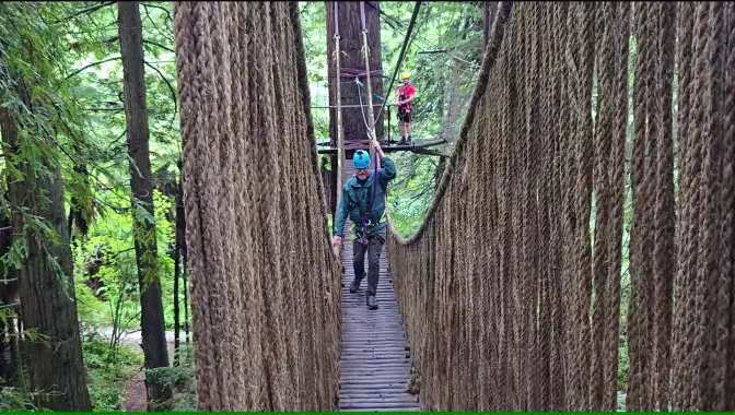 man walking across a plank bridge attached to a rope high in the treetops