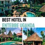 Pin showing views of the best hotel in Entebbe Uganda with crystal blue pool, thatched roof pavilions, blue lake, and white hotel building with balconies overlooking the pool