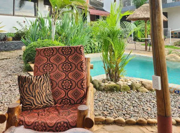 colorful chair next to the pool area at the hotel in Enteebe Uganda