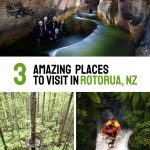 Bucketlist New Zealand Adventures Pin with people in a cave with blue glowing light, redwood trees with a walking platform, and a river raft going vertically down a waterfall