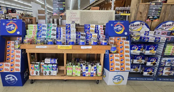 store display with Moon Pies with many cartons of them on a table