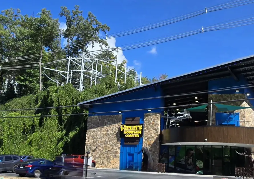 Ripleys Mountain Coaster Building with roller coaster tracks behind it