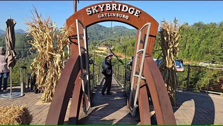lady standing in the middle of a Skybridge sign at the entrance to the skybridge