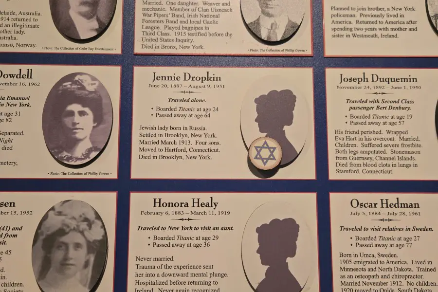 plaques on the wall of the passengers on the Titanic ship at the Pigeon Forge Titanic Museum